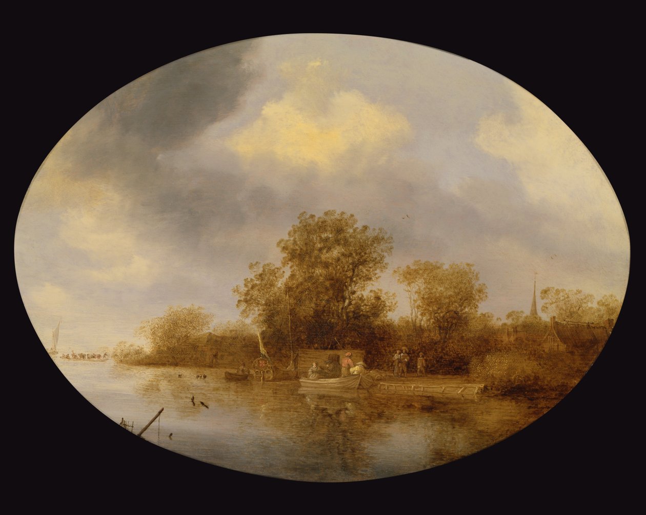 Krajobraz rzeki z mężczyznami rozładowującymi garnki z homarami autorstwa Salomon van Ruisdael or Ruysdael