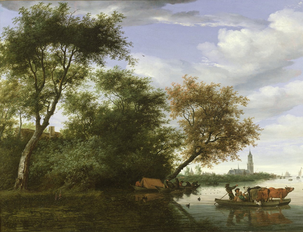 Zalesiony krajobraz rzeki z postaciami i bydłem na promie autorstwa Salomon van Ruisdael or Ruysdael
