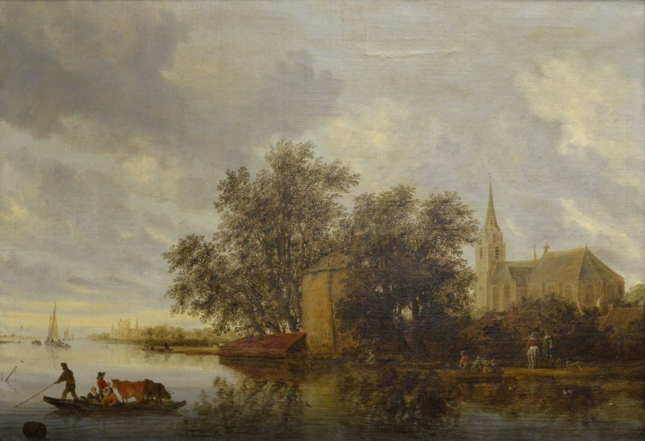 Riverside z kościołem autorstwa Salomon van Ruisdael or Ruysdael