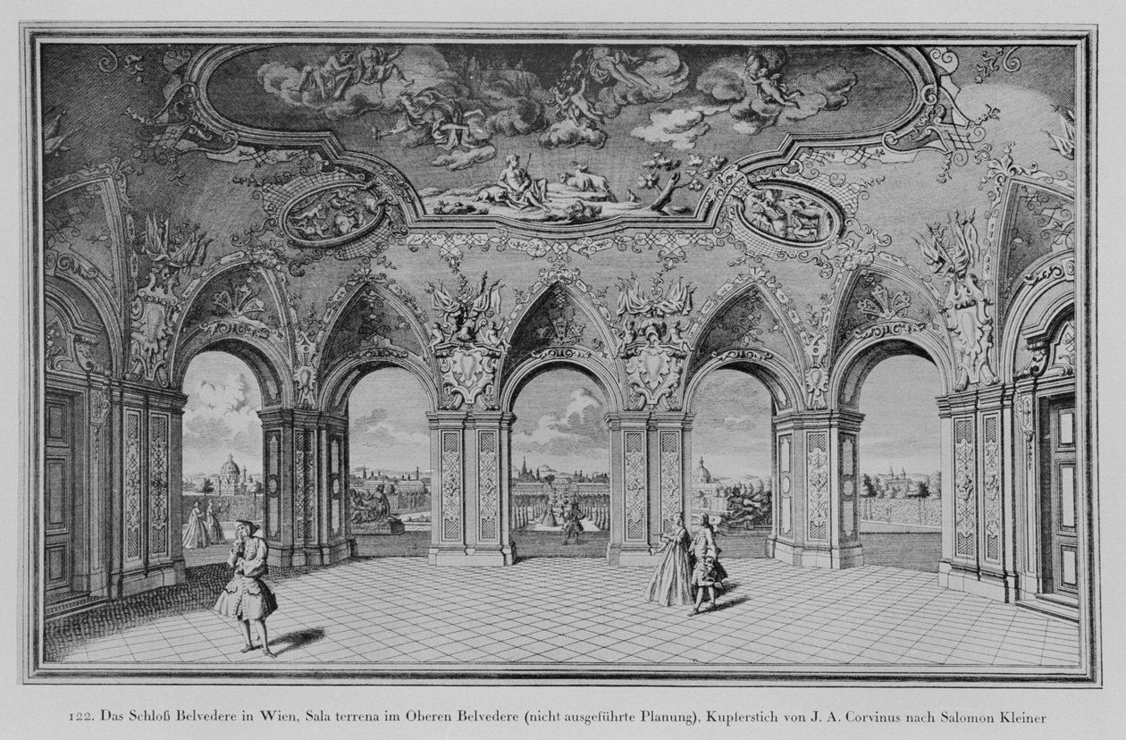 Oberes Belvedere: Sala terrena, projekt niezrealizowany, grawerowany przez Johanna Augusta Corvinusa (lito) autorstwa Salomon (after) Kleiner