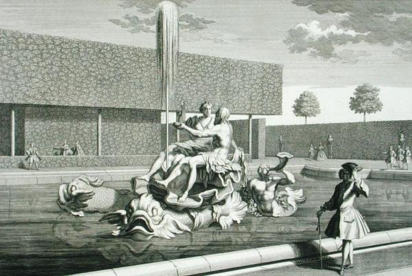 Fontanna Neptuna i Tetydy w Belwederze w Wiedniu, rytowana przez Jakoba Gottlieba Thelotta (ok. 1711-75), wydana ok. 1730-40 (rycina) autorstwa Salomon (after) Kleiner