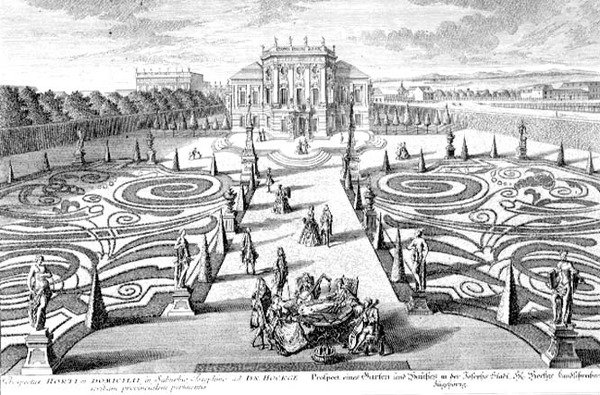 Widok ogrodu i domu w Josefstadt w Wiedniu sztychowany przez Johanna Augusta Corvinusa (1683-1738) (ryta) autorstwa Salomon (after) Kleiner