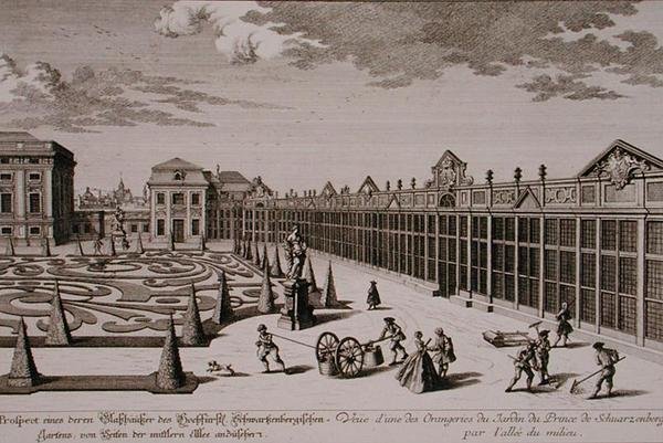Widok jednej z oranżerii w ogrodzie księcia Schwarzenberga w Wiedniu, sztychowany przez Georga-Daniela Heumanna (1691-1759), wydany ok. 1724-37 (rycina) (zob. też 170855) autorstwa Salomon (after) Kleiner