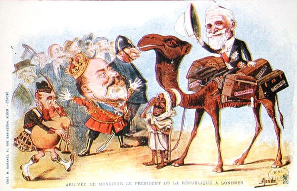 Karykatura przybycia prezydenta Republiki Francuskiej Emila Loubeta (1838-1929) w Londynie w 1903 r. (kolor lito) autorstwa Salomon Assus