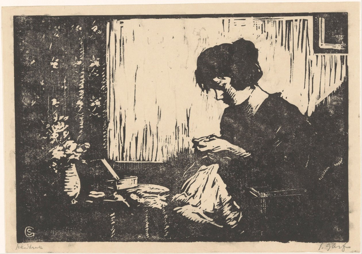 szyjąca kobieta autorstwa Salomon Garf (signed by artist)