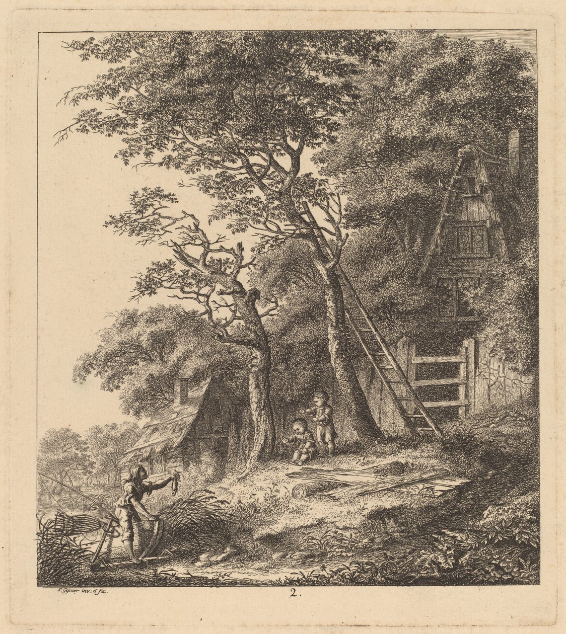 Rybak i dwoje dzieci w krajobrazie z domkami krytymi strzechą, 1764. autorstwa Salomon Gessner