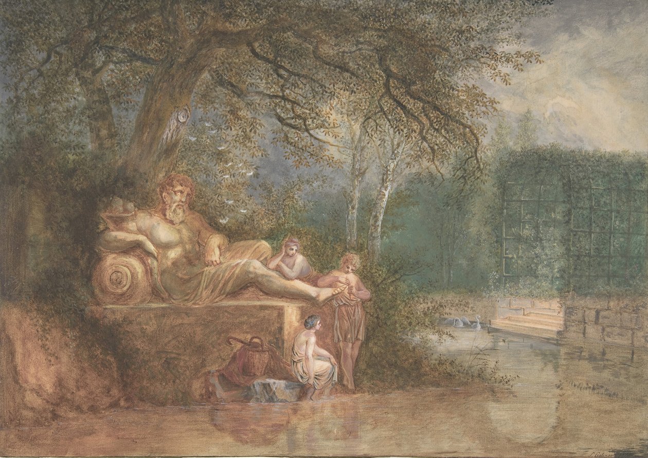 Park z figurami przy posągu w pobliżu wody, 1775 . autorstwa Salomon Gessner