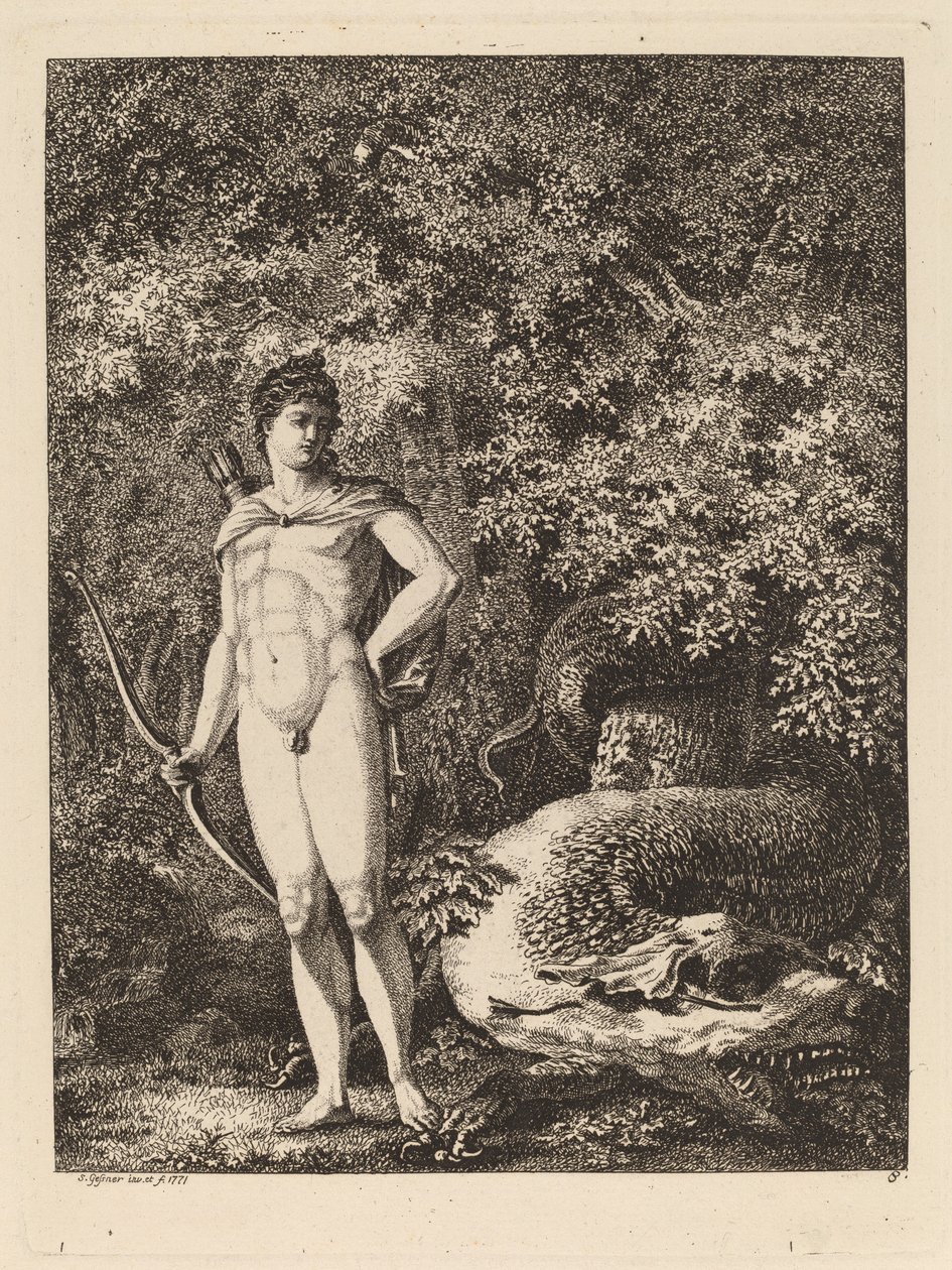 Apollo z łukiem i smokiem, 1771. autorstwa Salomon Gessner
