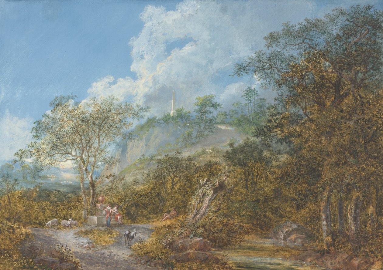Arkadyjski pejzaż z obeliskiem, 1785 r. autorstwa Salomon Gessner