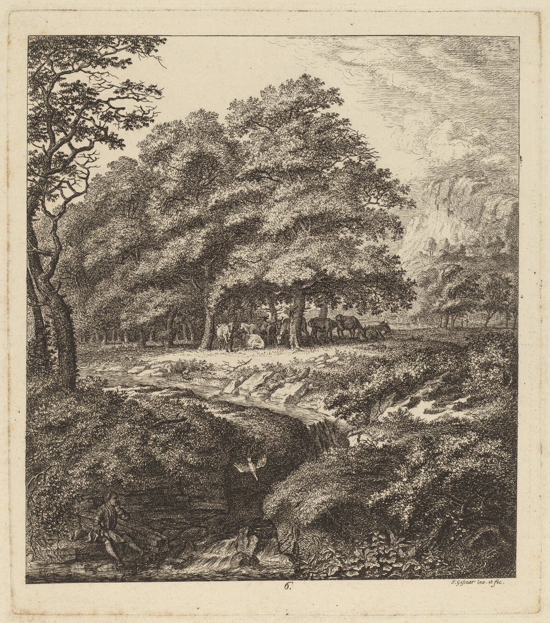 Bydło odpoczywające w zagajniku z mężczyzną siedzącym nad potokiem, 1764. autorstwa Salomon Gessner