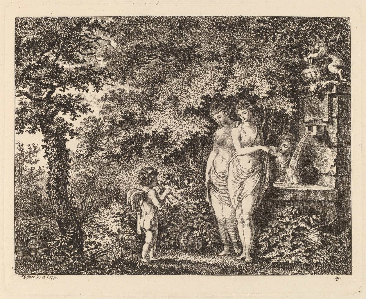 Eros z trzema dziewczynami przy fontannie, 1770. autorstwa Salomon Gessner