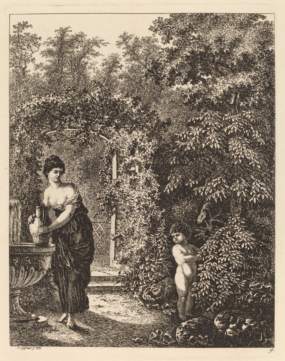 Putto odwiedza dziewczynę przy fontannie, 1771. autorstwa Salomon Gessner