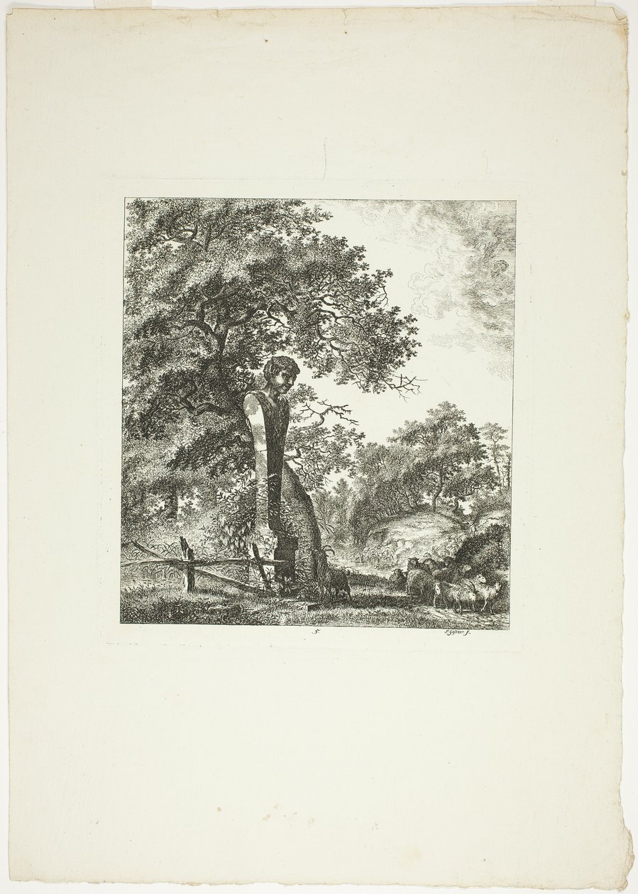 Owca przy posągu Pana, płyta piąta z Paysages Dédiés à M. Warelet autorstwa Salomon Gessner