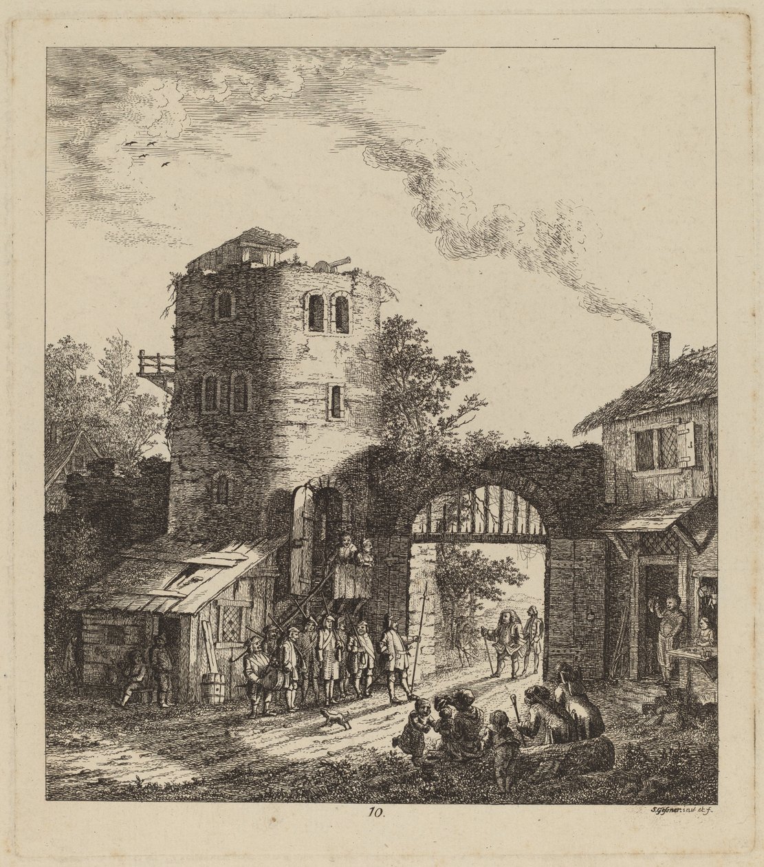 Wieśniacy przy bramie miejskiej witający dygnitarza, 1764. autorstwa Salomon Gessner