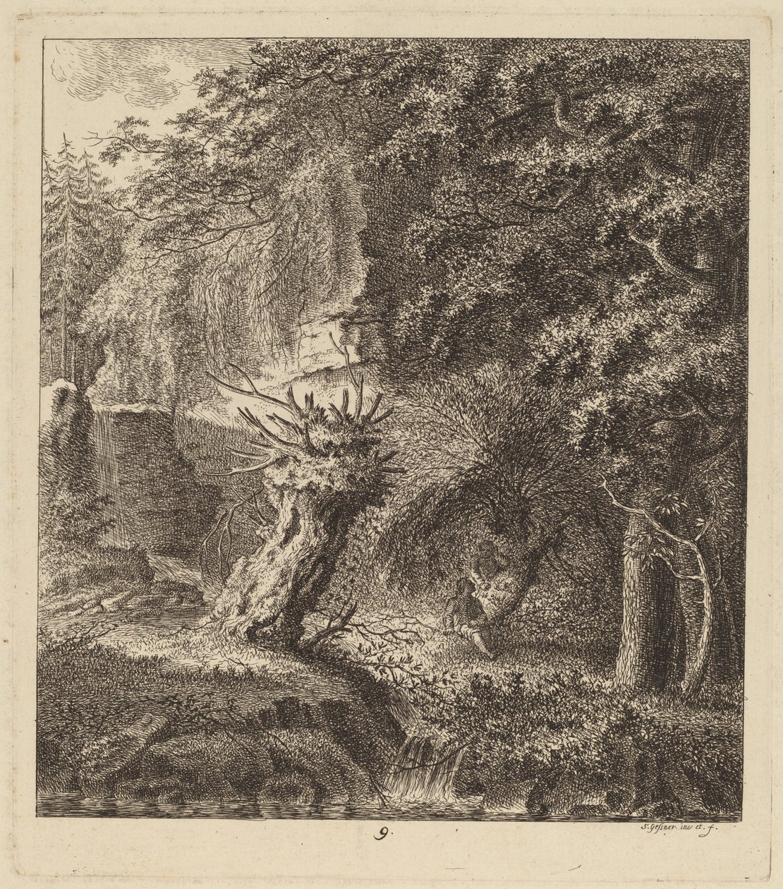 Zalesiony krajobraz z ogławianym drzewem, 1764 r. autorstwa Salomon Gessner