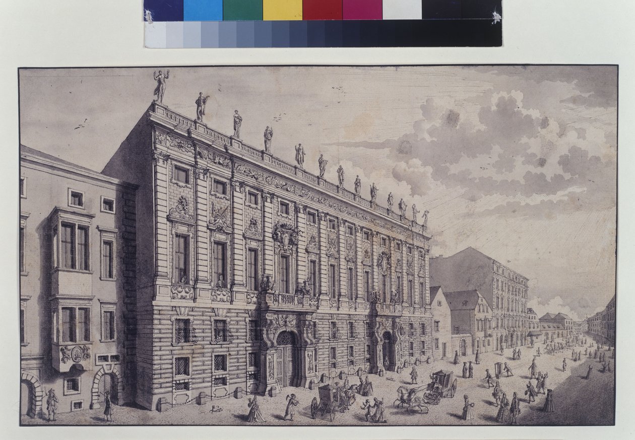 Cała strona: ukośny widok na pałac miejski księcia Eugeniusza Sabaudzkiego przy Himmelpfortgasse (pióro, pędzel i tusz) autorstwa Salomon Kleiner