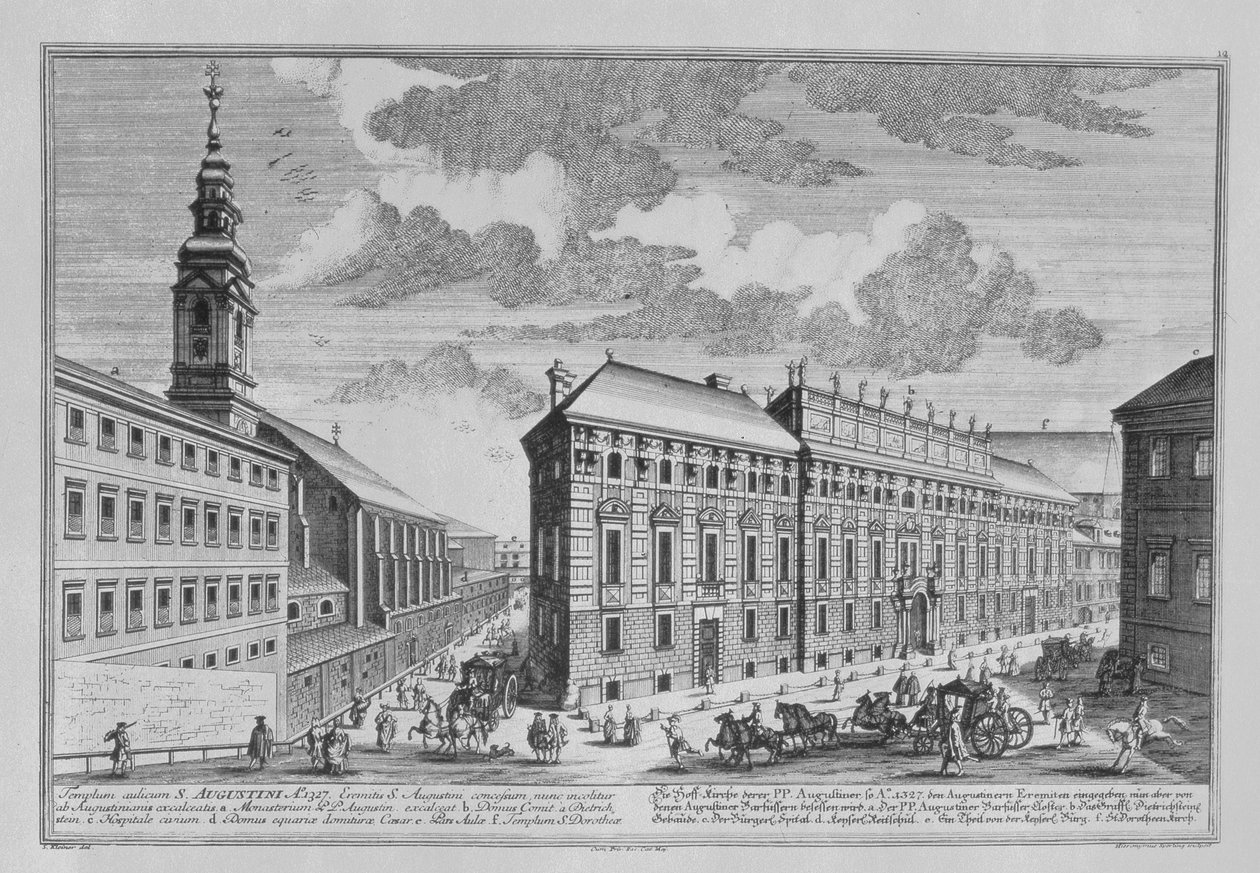 Widok Dorotheergasse przedstawiający Stallburg i kościół klasztorny Dorotheum wyryty przez Hieronymousa Sperlinga (1695-1777) autorstwa Salomon Kleiner