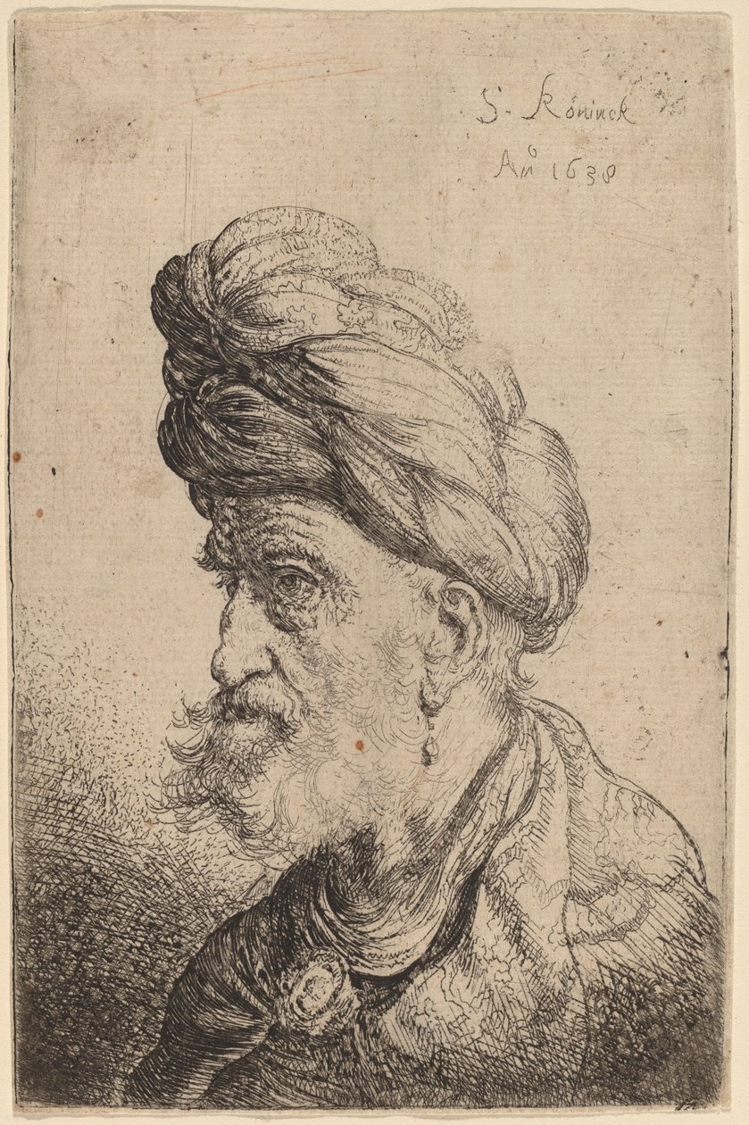 Popiersie mężczyzny z turbanem skierowanym w lewo autorstwa Salomon Koninck