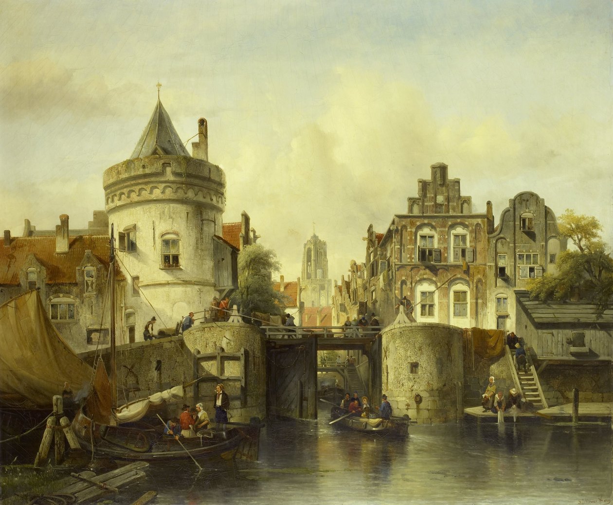 Wyimaginowany widok na podstawie Kolksluis, Amsterdam autorstwa Salomon Leonardus Verveer