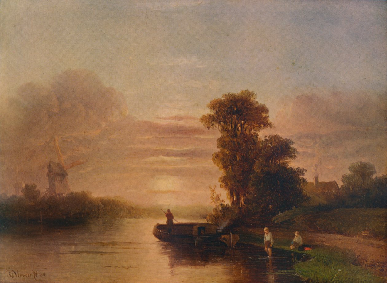 Zachód słońca nad rzeką, z wiatrakiem i domkiem, 1848, 1938 autorstwa Salomon Leonardus Verveer