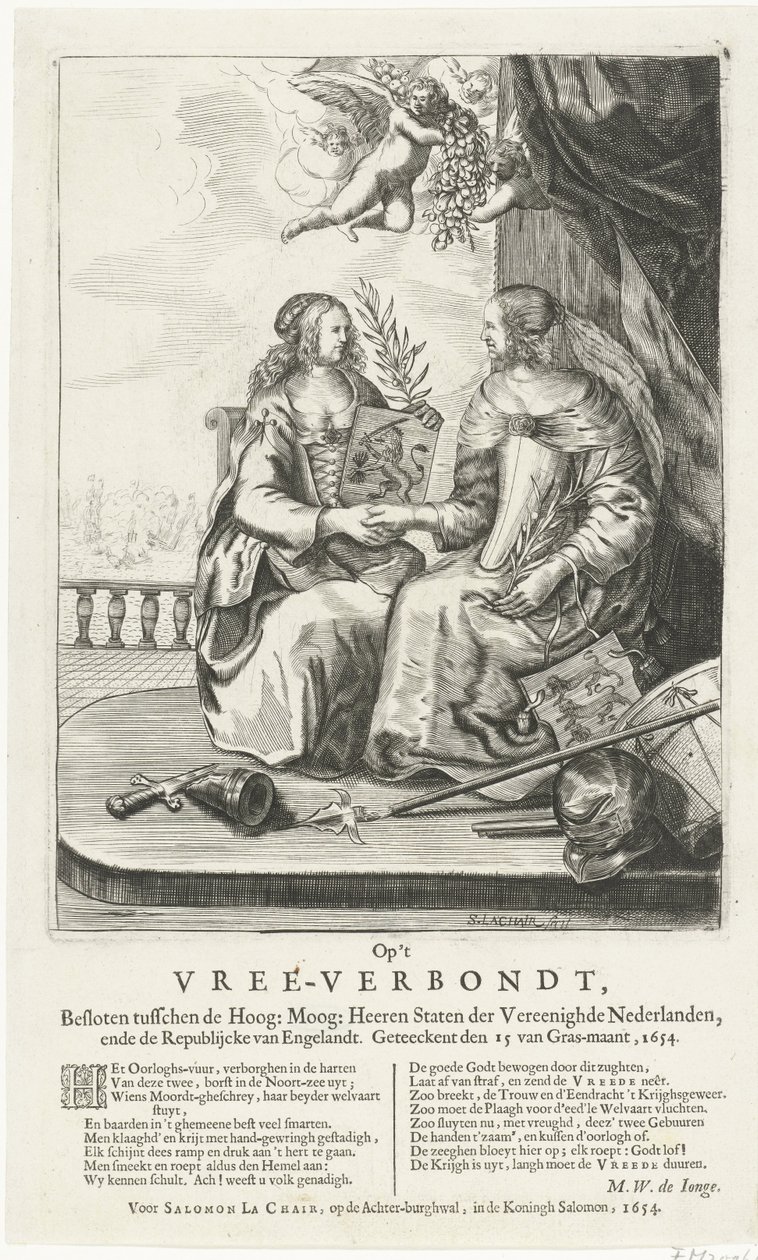 Wyrażenie do pokoju westminsterskiego, 1654 Na Vree-Verbondt, Zamknięty między Najwyższym: Moog: Heeren Staten der Vereenighde Nederland, ende Republikcke van Englandt. Geteeckent den 15 van Gras-maant, 1654 (tytuł na obiekcie) autorstwa Salomon Pietersz. Lachair