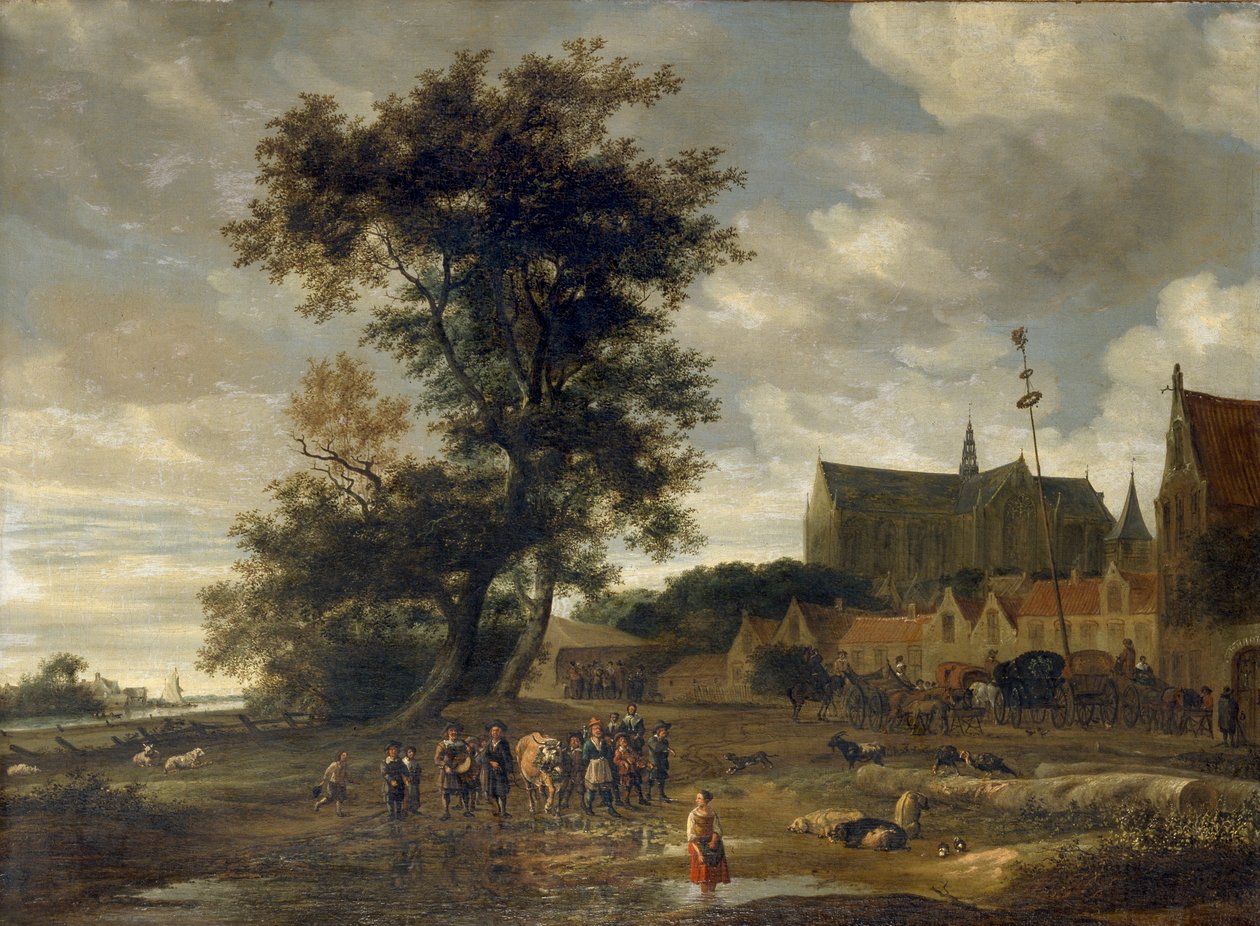 Scena przed słupem majowym z kościołem Alkmaar w tle, 1669 autorstwa Salomon Ruysdael