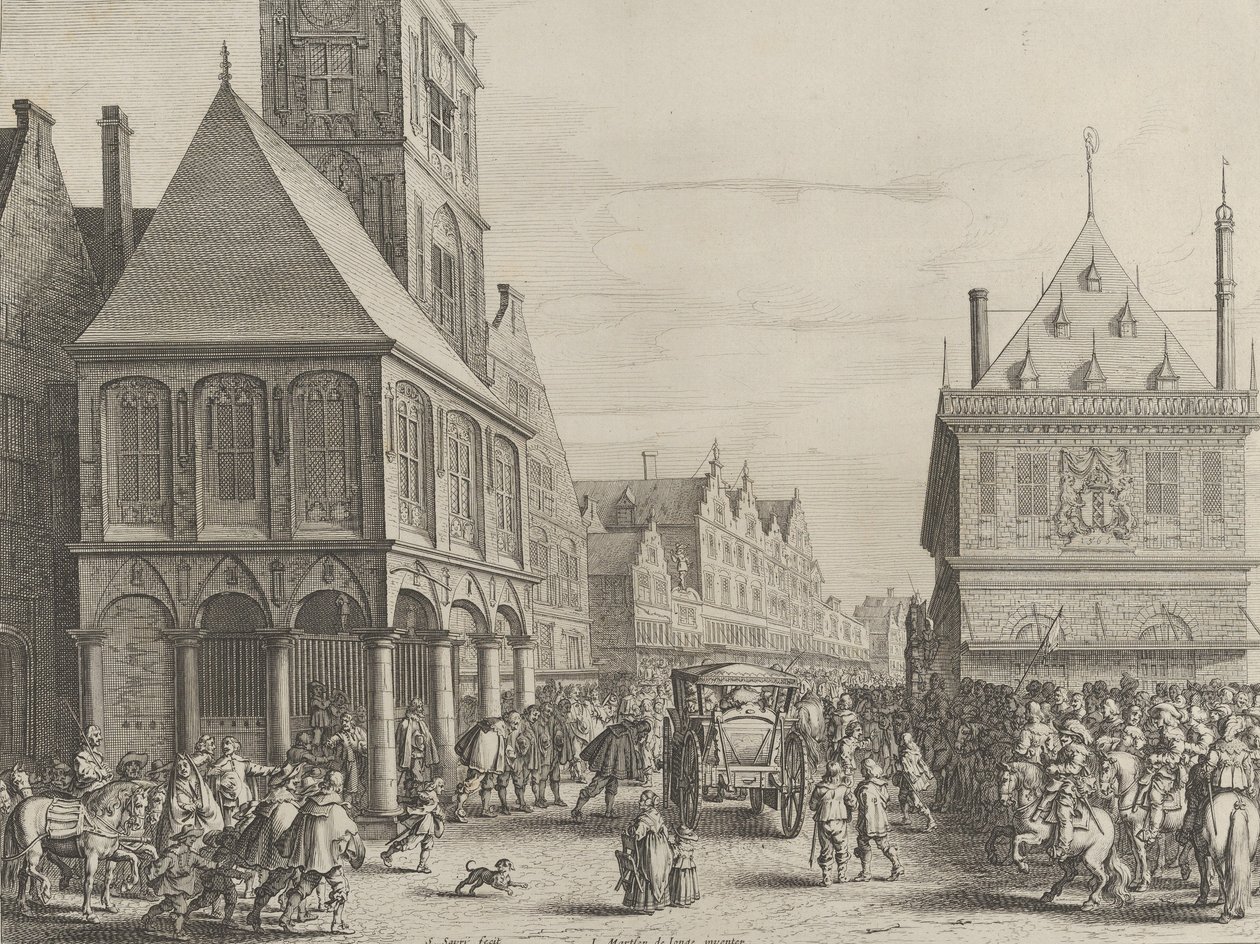 Urzędnicy miejscy żegnający się z Marią Medyceuszy przed ratuszem, od Caspara Barlaeusa..., 1638. autorstwa Salomon Savery