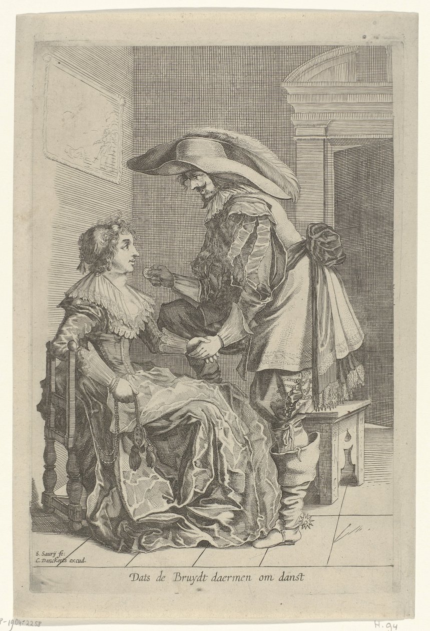 Mężczyzna oferuje kobiecie monetę Dats de Bruydt daermen om danst (tytuł na obiekcie) autorstwa Salomon Savery