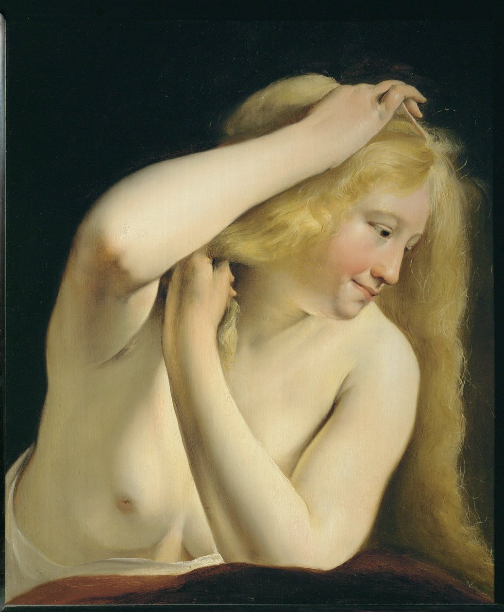 Młoda kobieta czesząca włosy ... autorstwa Salomon de Bray