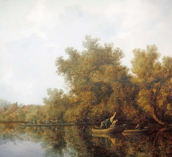 Krajobraz rzeczny z rybakami w łodziach wiosłowych podnoszącymi połów (olej na panelu) autorstwa Salomon van Ruisdael or Ruysdael