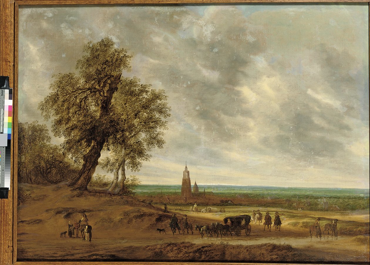 Panoramiczny krajobraz z podróżnikami na ścieżce, miasto Amersfoort poza nim, 1634 autorstwa Salomon van Ruisdael or Ruysdael