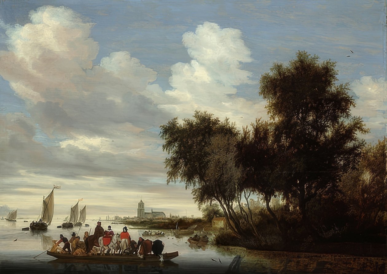 Krajobraz rzeki z promem. 1649 autorstwa Salomon van Ruisdael or Ruysdael