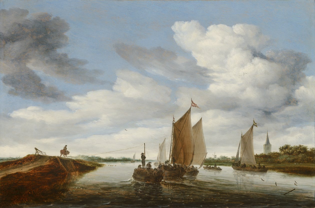 Krajobraz rzeczny z żaglówkami i barką zaprzężoną w konie autorstwa Salomon van Ruisdael or Ruysdael