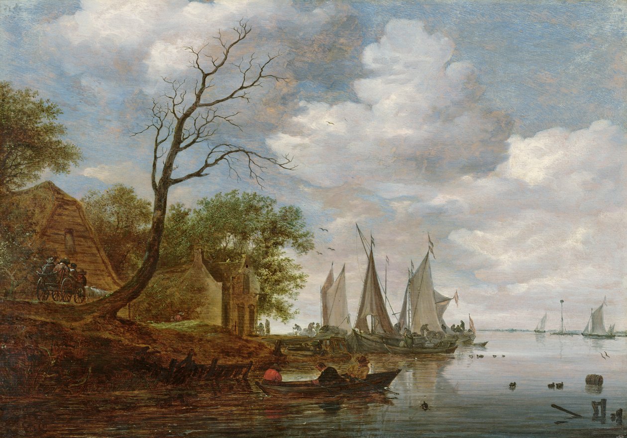 Scena rzeczna z rozładunkiem żaglówek na brzegu (olej na desce) autorstwa Salomon van Ruisdael or Ruysdael