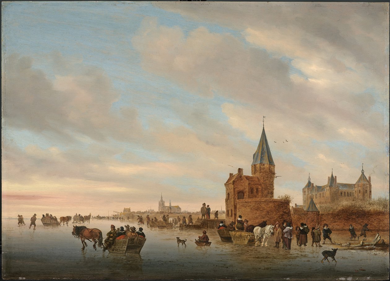 Zimowy krajobraz z lodowymi przyjemnościami przed Capriccio miasta Arnheim, 1652 autorstwa Salomon van Ruisdael or Ruysdael