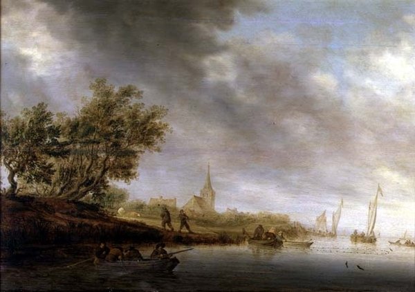 Zalesiony krajobraz rzeki z barkami autorstwa Salomon van Ruisdael or Ruysdael
