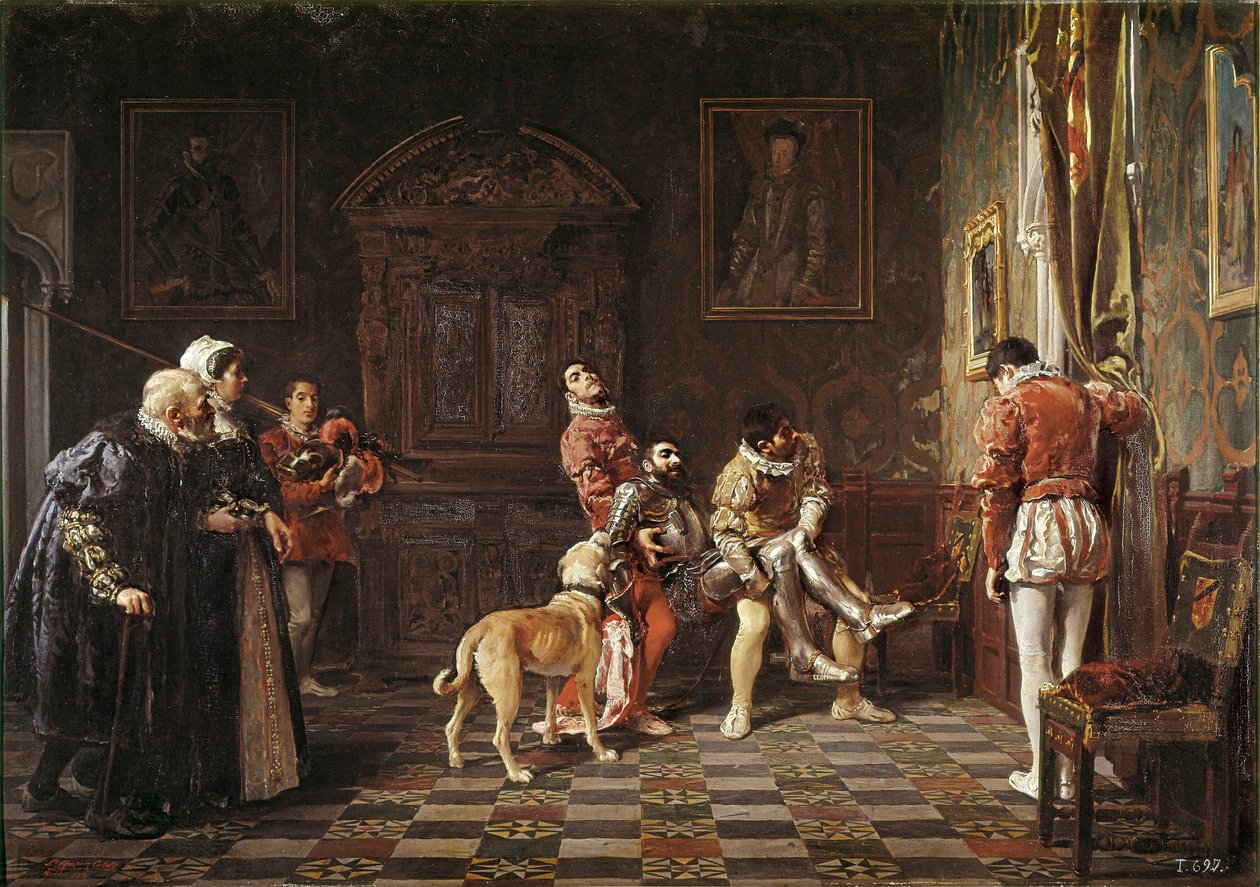 „” Powrót turnieju „” Młody rycerz zostaje sprowadzony do pałacu, podparty dwiema stronicami. Obraz Salvadora Martineza Cubellsa (1845-1914) 1881 Walencja. Muzeum Sztuk Pięknych San Pio autorstwa Salvador Martinez Cubells