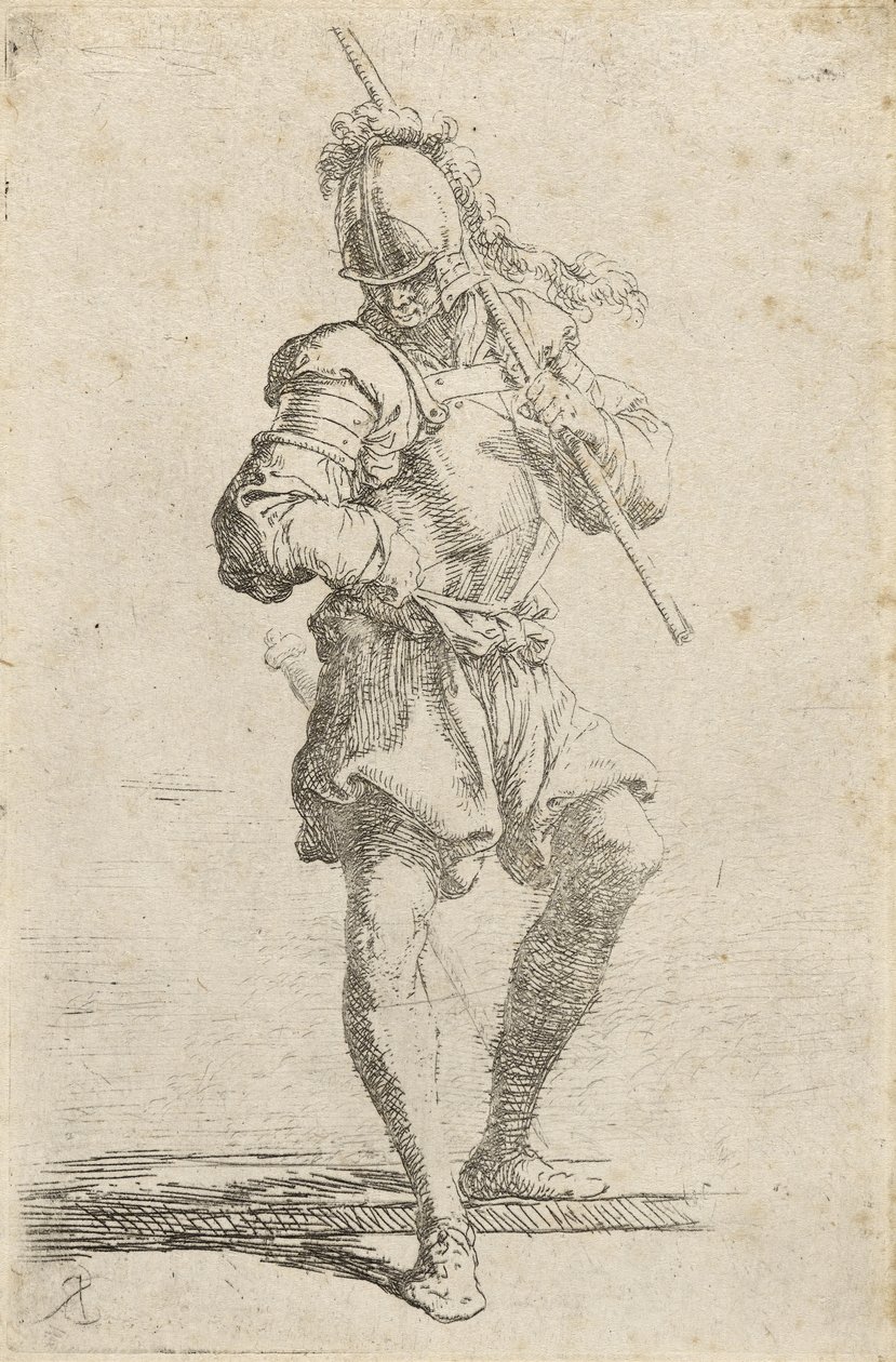 Wojownik, trzymający laskę na ramieniu i schodzący z niskiej półki, ok. 1656-57 (trawienie suchą igłą na papierze wykładanym) autorstwa Salvator Rosa