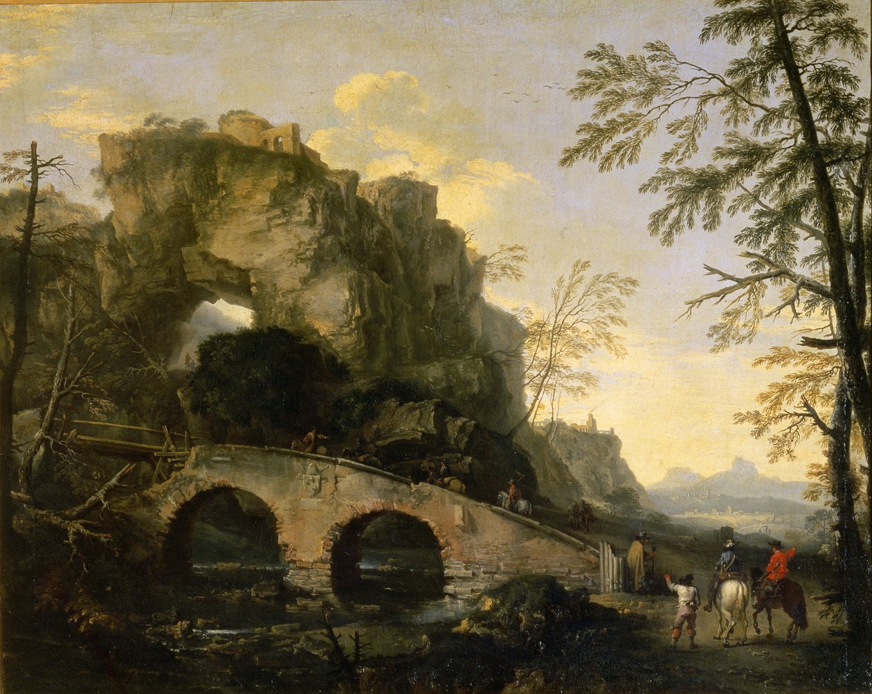 Krajobraz z zniszczonym mostem autorstwa Salvator Rosa
