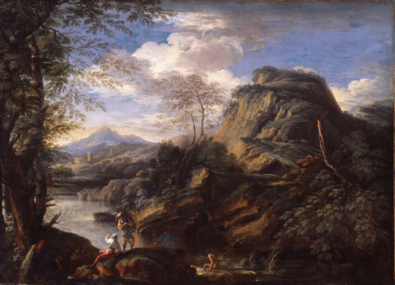 Pejzaż górski z postaciami i kąpiącym się mężczyzną autorstwa Salvator Rosa