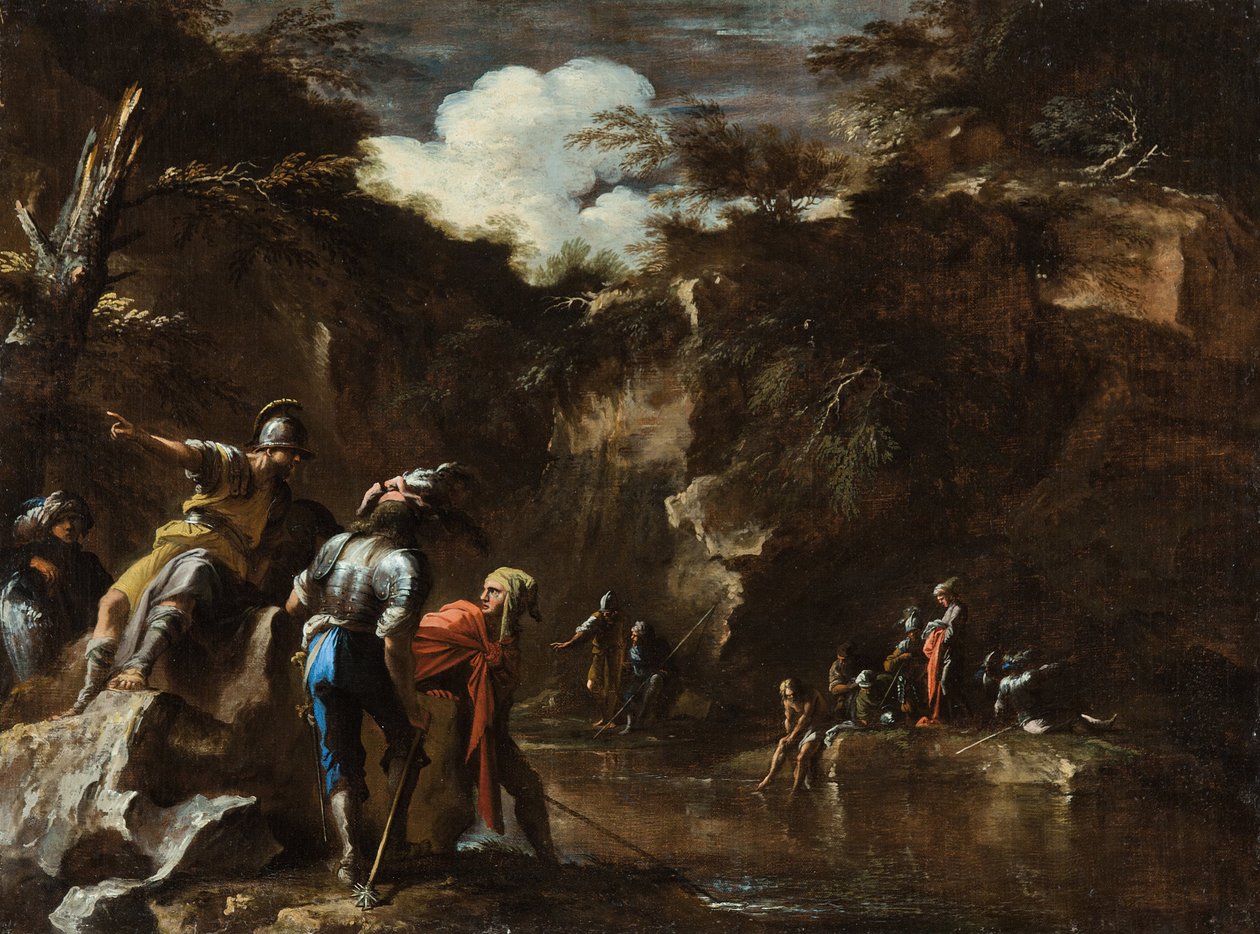 Scena z historii Grecji — Tales powodujący, że rzeka płynie po obu stronach armii lidyjskiej autorstwa Salvator Rosa