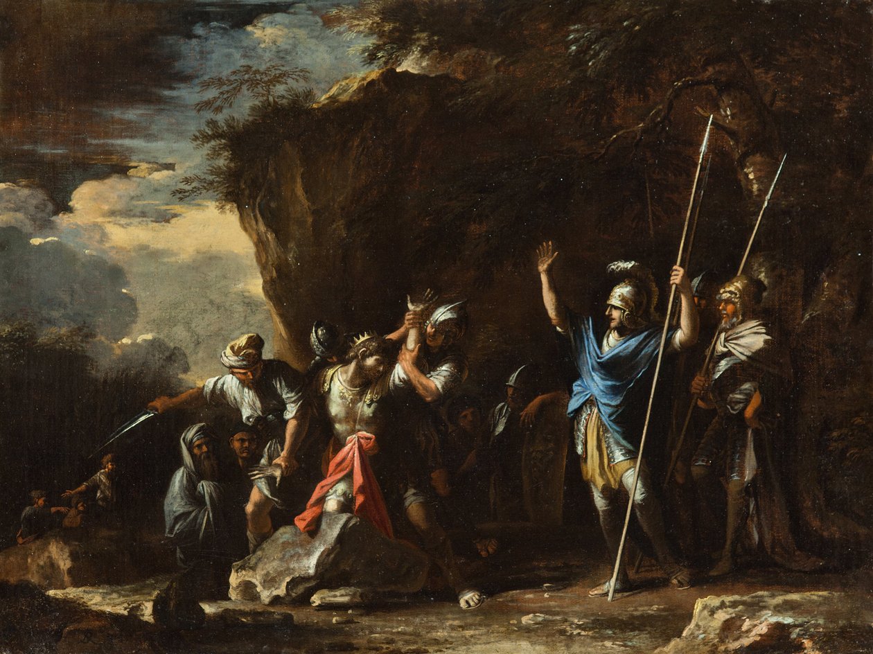 Scena z greckiej historii - głuchoniemy syn króla Krezusa uniemożliwia Persom zabicie jego f... autorstwa Salvator Rosa