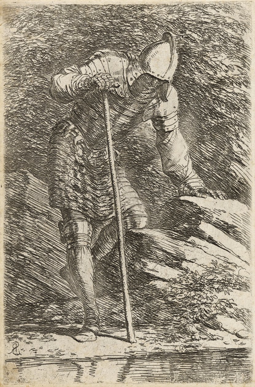 Żołnierz w hełmie i zbroi Regarding Stream, ok. 1656-57 (trawiony na papierze wyłożonym suchą igłą) autorstwa Salvator Rosa