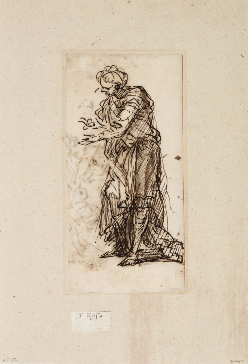 Stojąca figurka mężczyzny (pióro i tusz z praniem na papierze) autorstwa Salvator Rosa