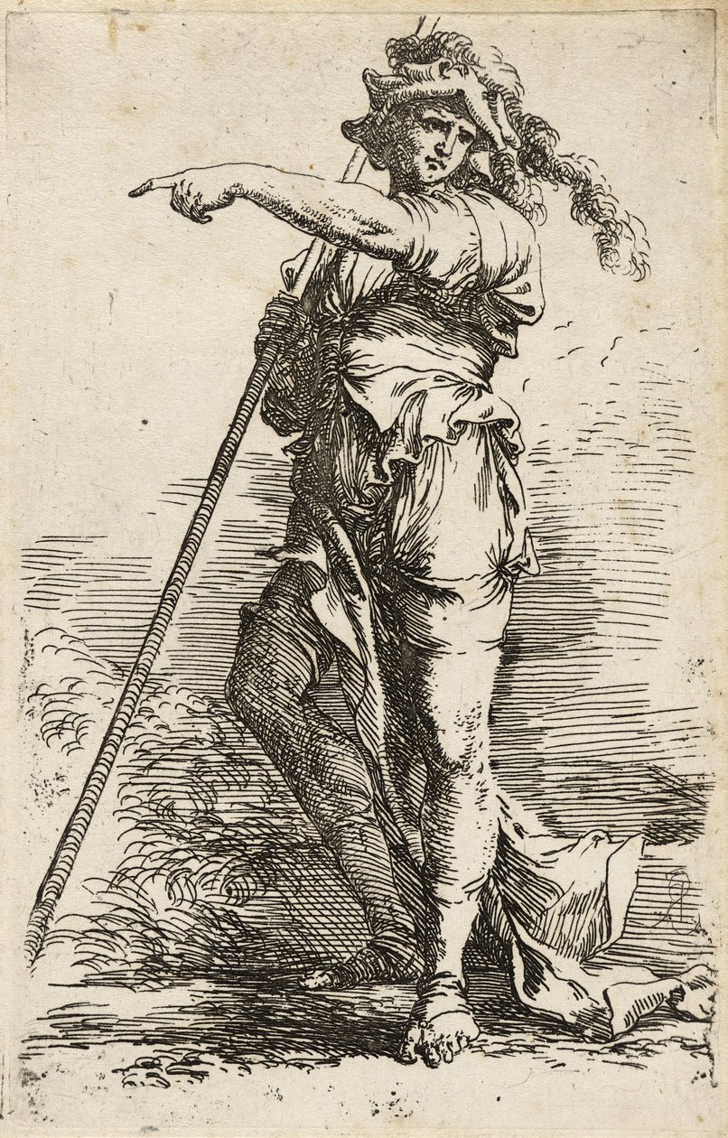 Stojący wojownik, trzymający długą laskę na ramieniu i wskazujący, ok. 1656-57 (trawienie suchą igłą na papierze wykładanym) autorstwa Salvator Rosa