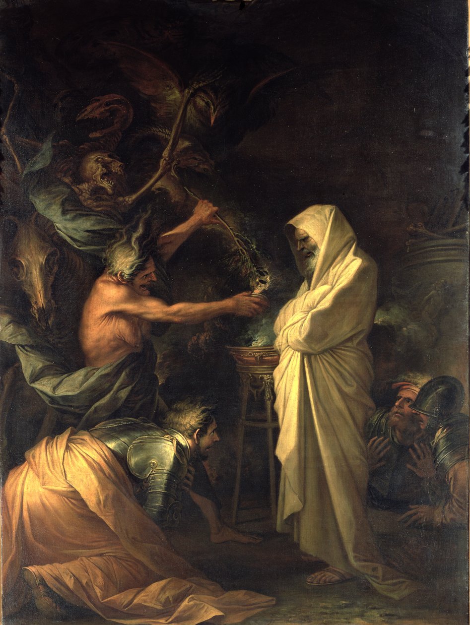 Duch Samuela ukazujący się Saulowi w domu wiedźmy z Endor, 1668 autorstwa Salvator Rosa