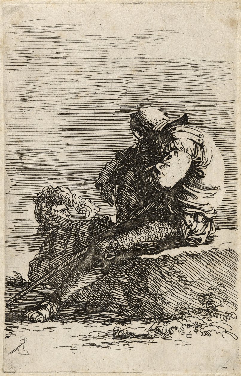 Dwóch żołnierzy, jeden siedzący na półce z laską, ok. 1656-57 (akwaforta na papierze wykładanym) autorstwa Salvator Rosa