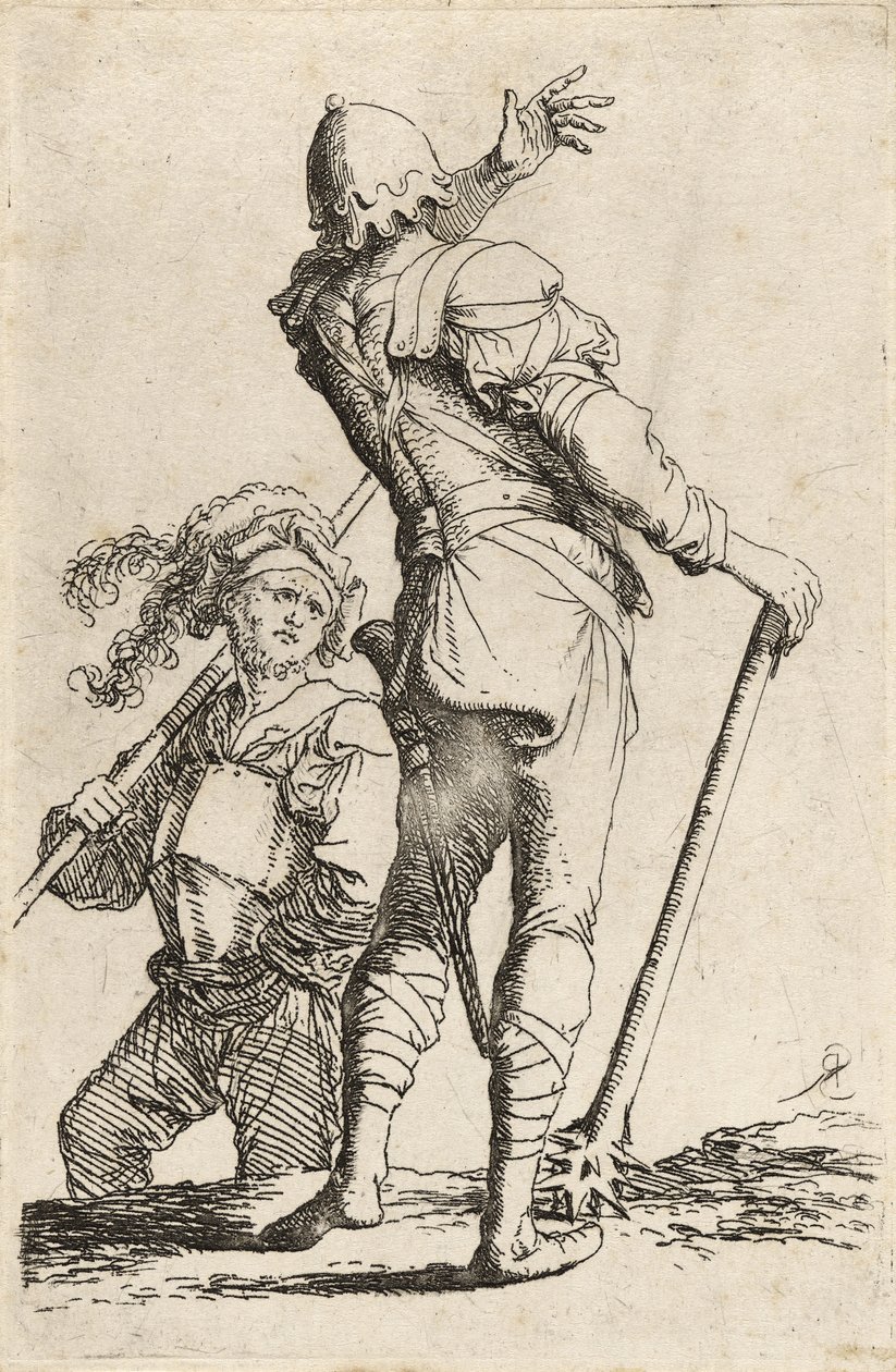 Dwóch wojowników, jeden trzymający maczugę i odwracający się, by przywołać drugiego, ok. 1656-57 (trawienie suchą igłą na papierze wykładanym) autorstwa Salvator Rosa