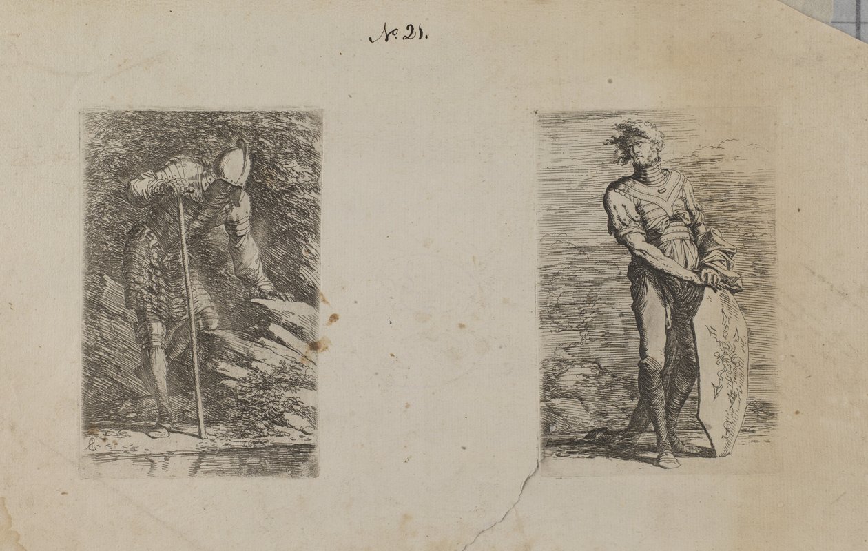 (Seria figurek) Opancerzony mężczyzna patrzący w strumień autorstwa Salvator Rosa