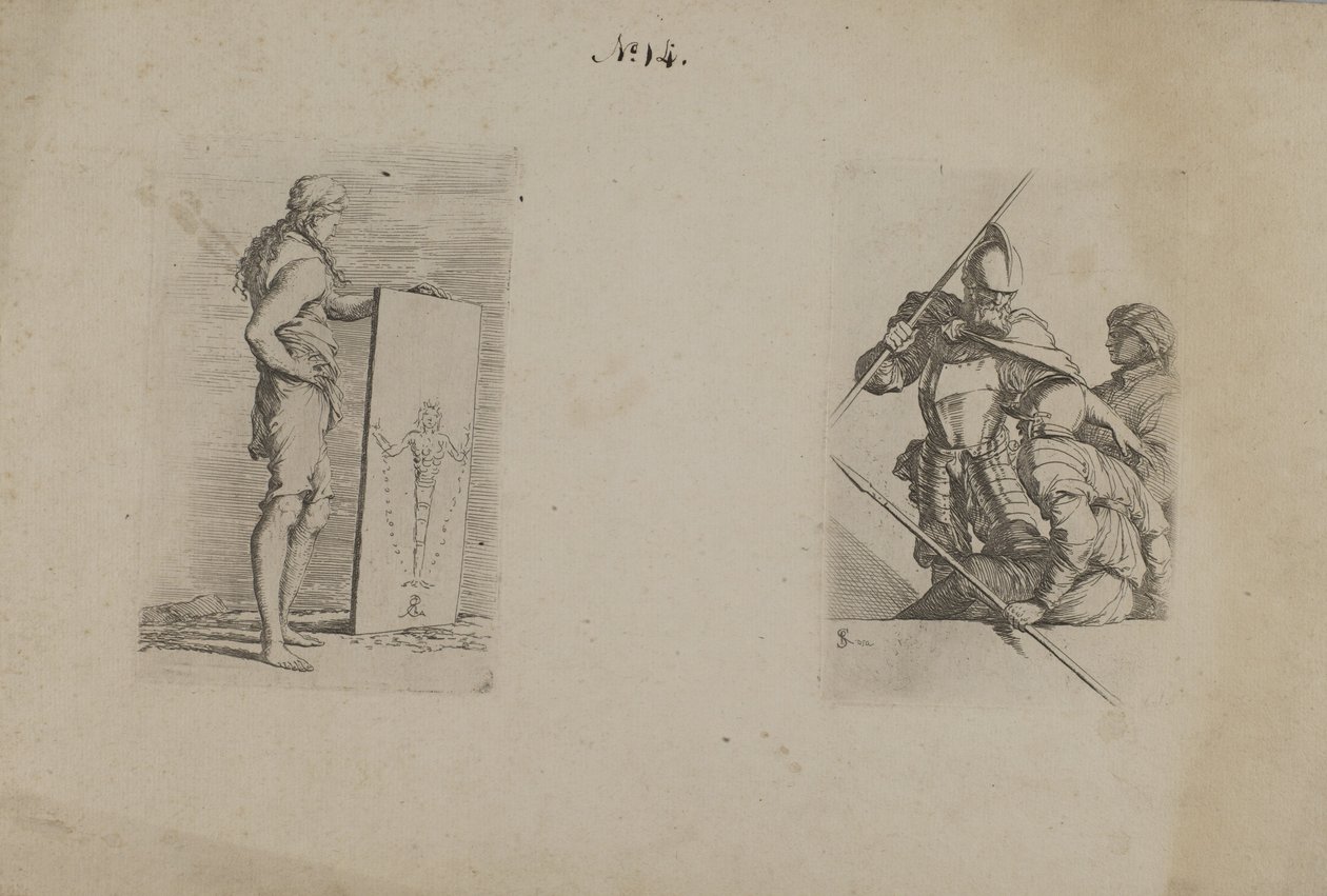 (Seria figurek) Długowłosy mężczyzna trzymający znak autorstwa Salvator Rosa